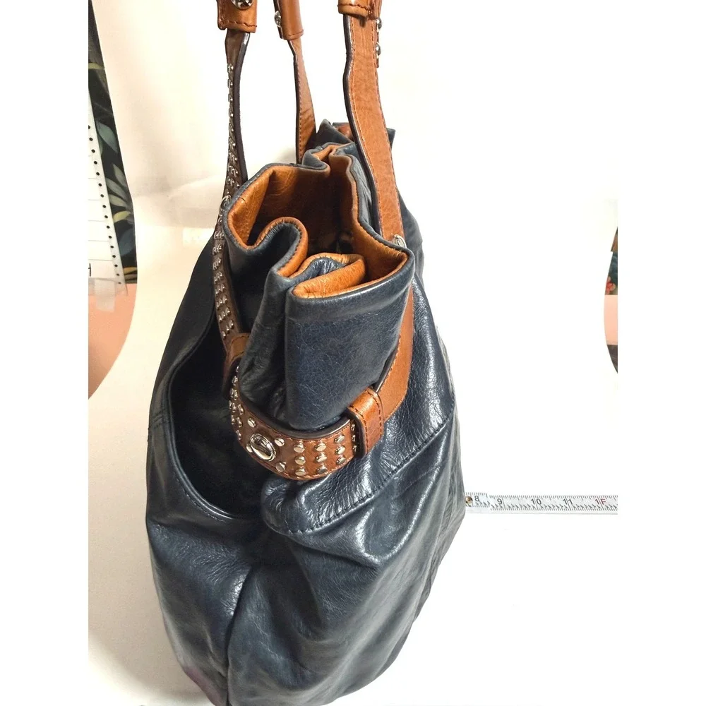 Boho Indie Grunge Navy Blue Leather Studded Hobo Shoulder Bag Large Oversized - Picture 9 of 16
